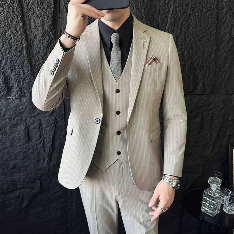 3-Piece Men’s Luxury Striped Suit – Single & Double Breasted Pinstripe Blazer, Vest & Pants Set