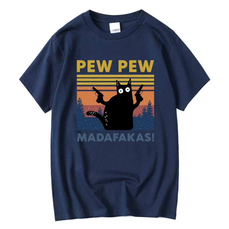 Baumwolle Kurzarm Pew Pew Madafakas Lustige Katze T-Shirt – Neuheit Grafik-T-Shirt für Herren