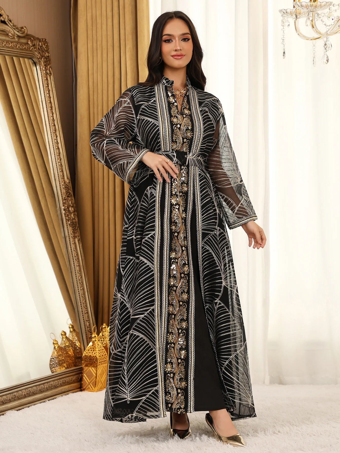 Women’s Mesh Sequin Abaya Dress | Elegant Embroidered Eid Party Gown