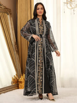 Women’s Mesh Sequin Abaya Dress | Elegant Embroidered Eid Party Gown