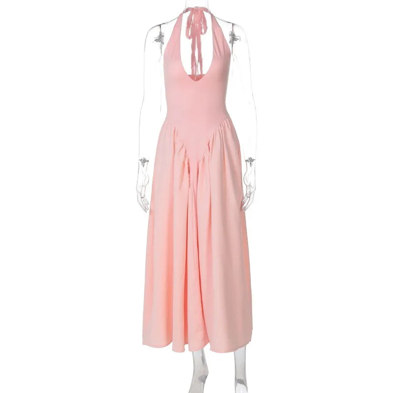 Women’s Sexy Backless Deep V-Neck Maxi Dress – Spliced Halter Sleeveless Dress
