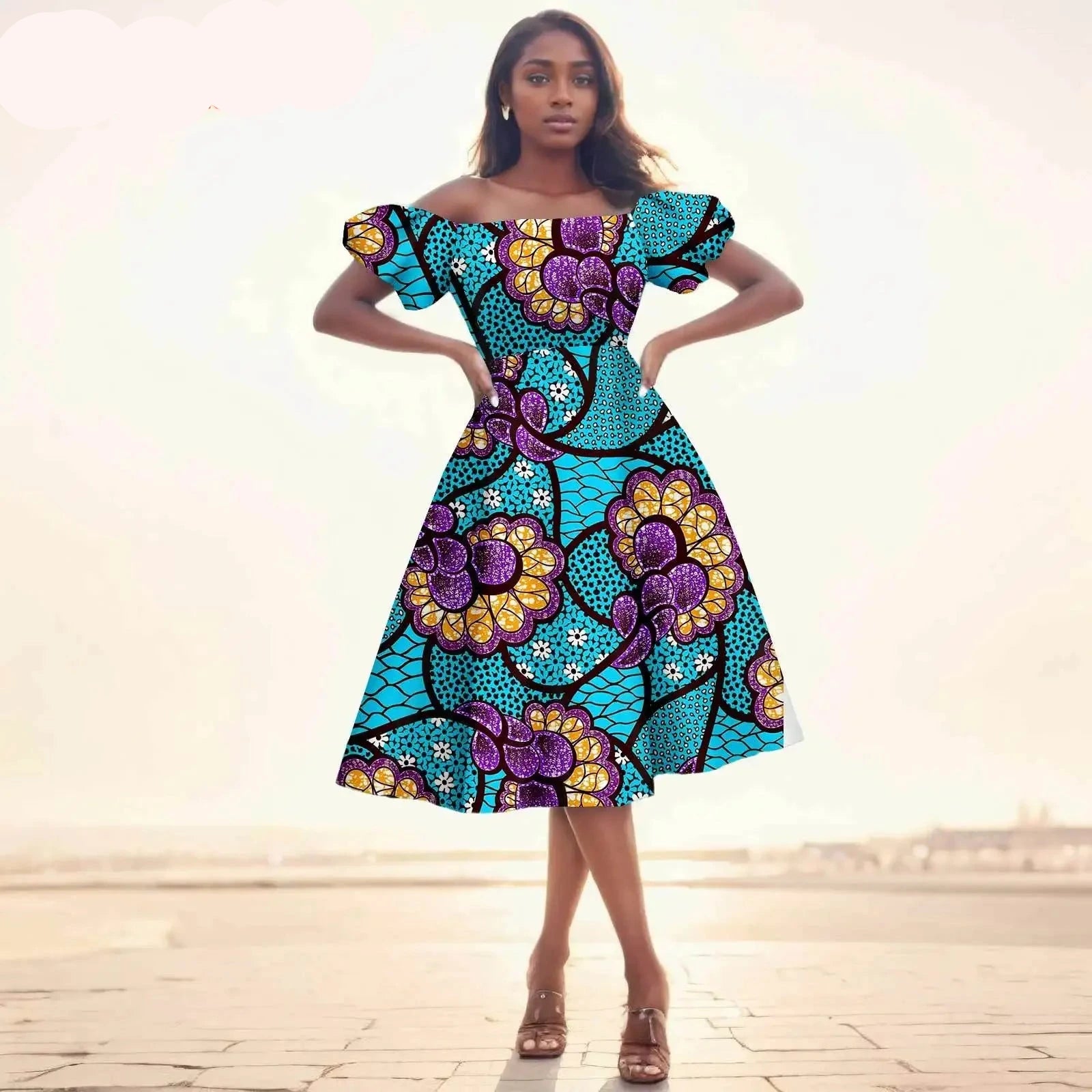 Afrikanisches Ankara-Print Midikleid für Damen | Kurzärmliges Kleid mit hoher Taille