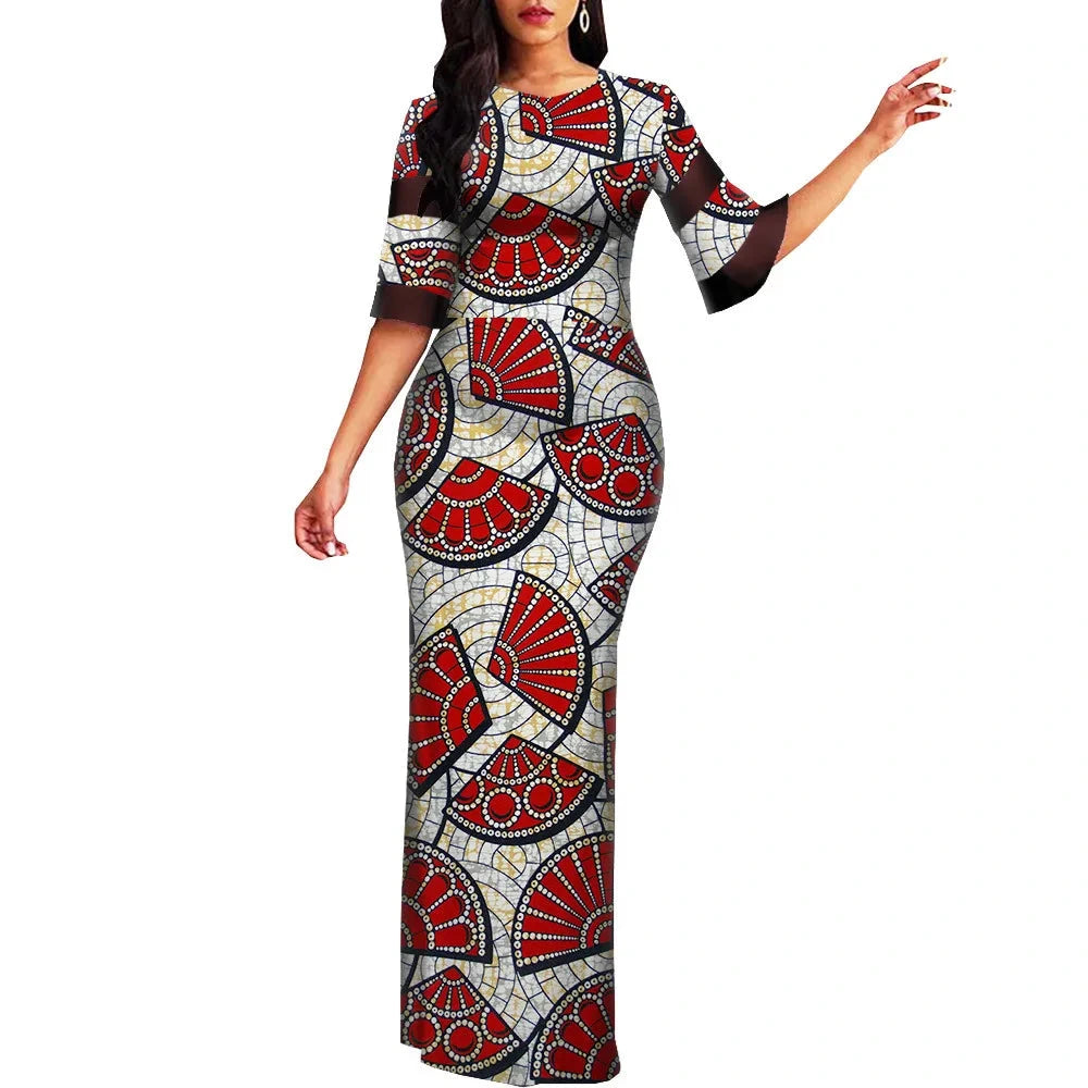 Damen Maxi Bodycon-Kleid mit halbem Ärmel und afrikanischem Dashiki-Print