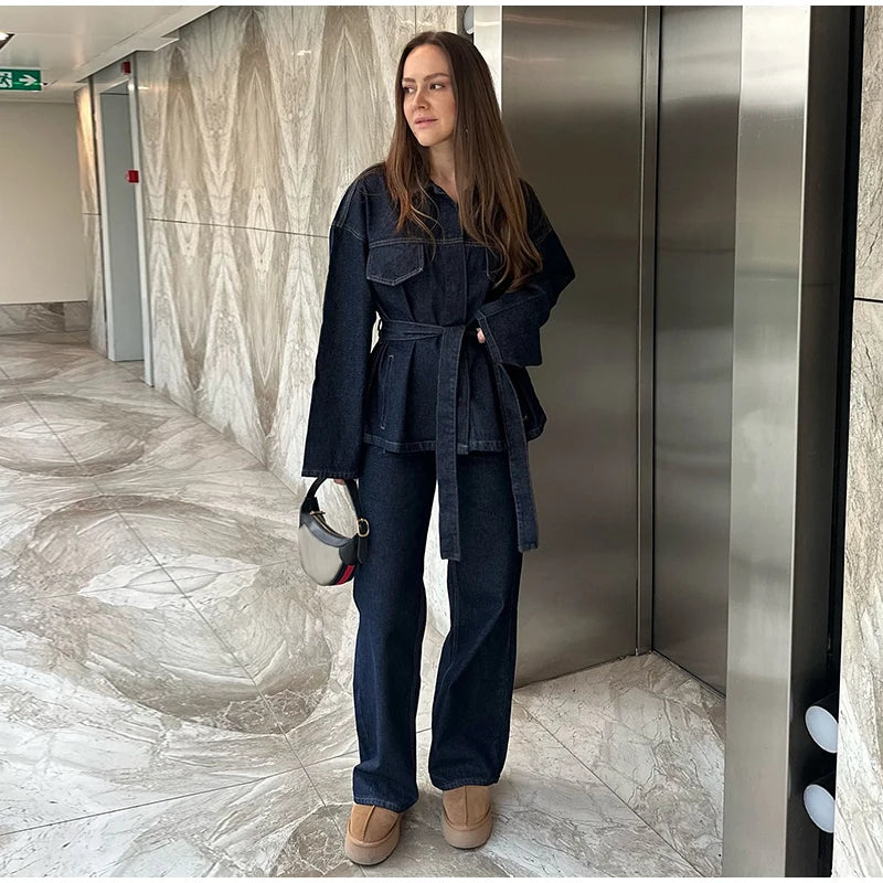Women’s 2-Piece Denim Long Pants Suit – Y2K Lace Up Lapel Jacket & Straight Leg Jeans Set