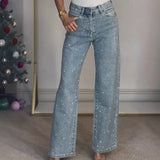 Damen-Jeans mit geradem Bein und Diamantbesatz – High-Waist-Stretch-Mom-Jeans, Vintage-Waschung