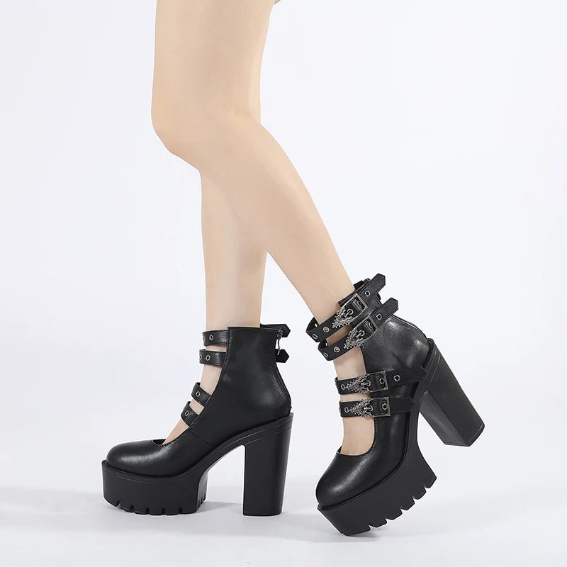 Women's Goth Platform Block Heels: Buckle Strap Mary Jane Pumps with Back Zipper