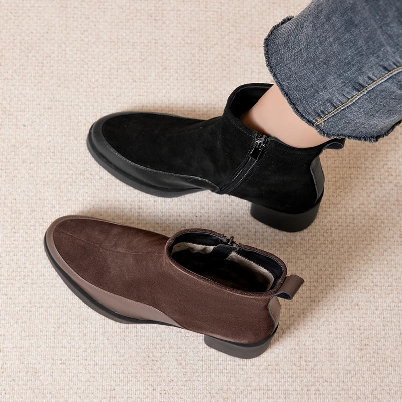 Women’s Genuine Leather Ankle Boots – Pointed Toe Chunky High Heel Boots