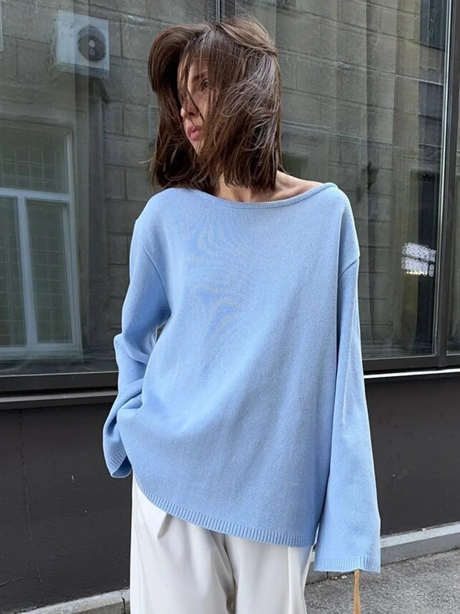 Damen rückenfreier, locker gestrickter Pullover – Lässiger, eleganter Langarm-Patchwork-Pullover