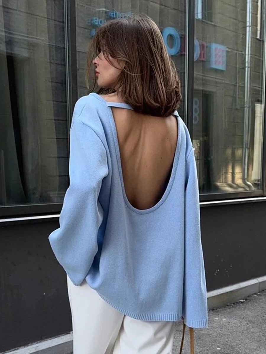 Damen rückenfreier, locker gestrickter Pullover – Lässiger, eleganter Langarm-Patchwork-Pullover