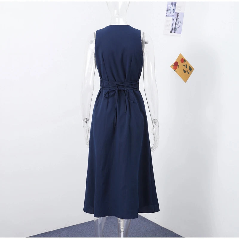 Women’s Elegant Sleeveless Long Dress – Slim Fit Solid O-Neck Maxi