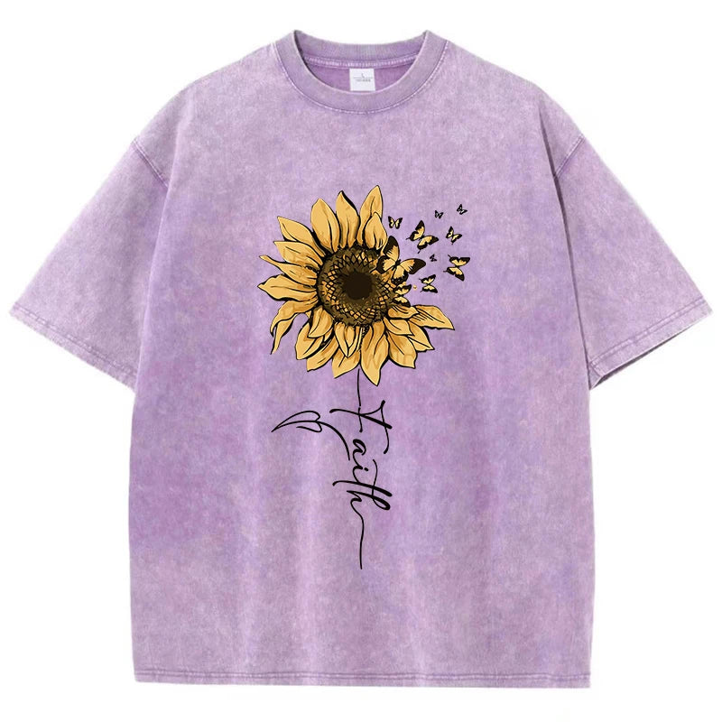 Sunflower and Butterfly Washed Cotton T-Shirt | Women's Vintage Black Graphic Tee