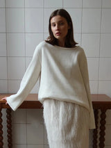 Damen rückenfreier, locker gestrickter Pullover – Lässiger, eleganter Langarm-Patchwork-Pullover