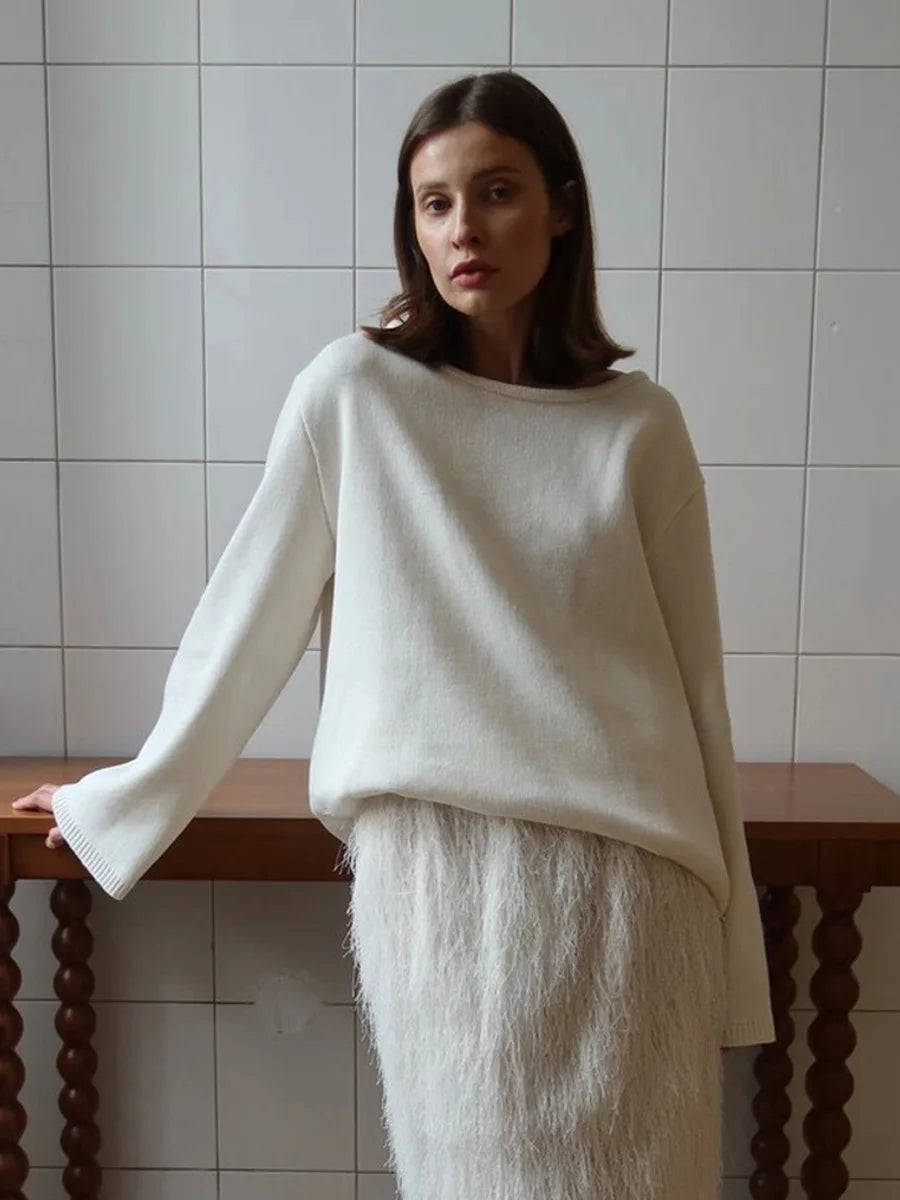 Damen rückenfreier, locker gestrickter Pullover – Lässiger, eleganter Langarm-Patchwork-Pullover