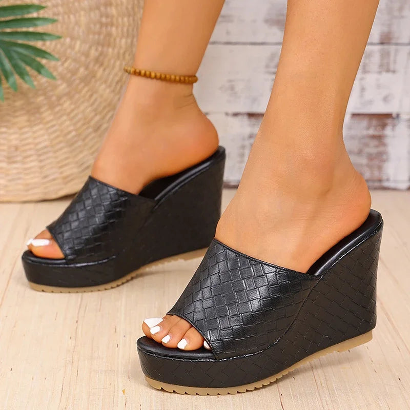 Women’s Peep Toe Black PU Leather Chunky Platform Wedge Sandals Super High Heel Weave Pattern Shoes