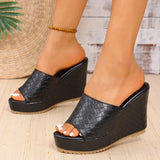 Women’s Peep Toe Black PU Leather Chunky Platform Wedge Sandals Super High Heel Weave Pattern Shoes