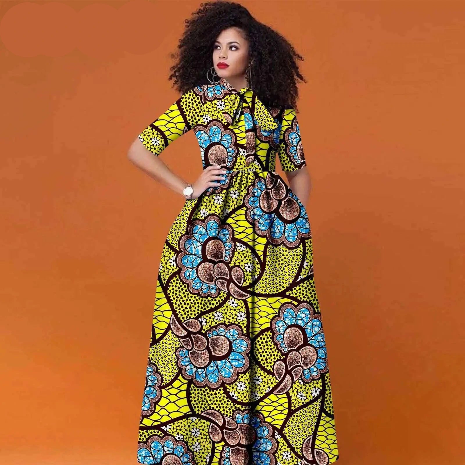 Afrikanisches Ankara Maxikleid für Damen | Halbarm High Waist Kleid mit traditionellem Print