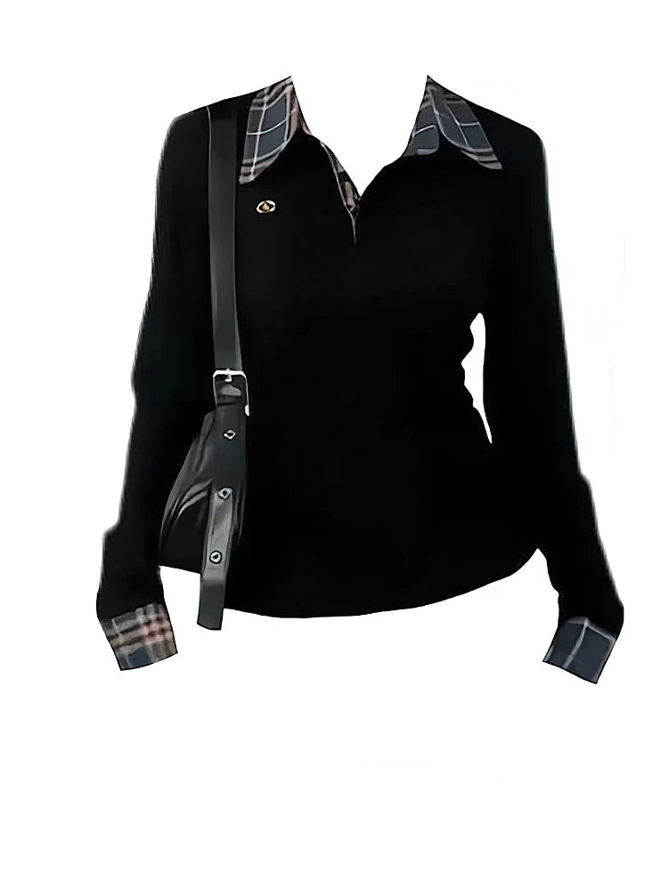 Women’s Preppy Plaid Knit Top – False Two-Piece Polo Neck T-Shirt