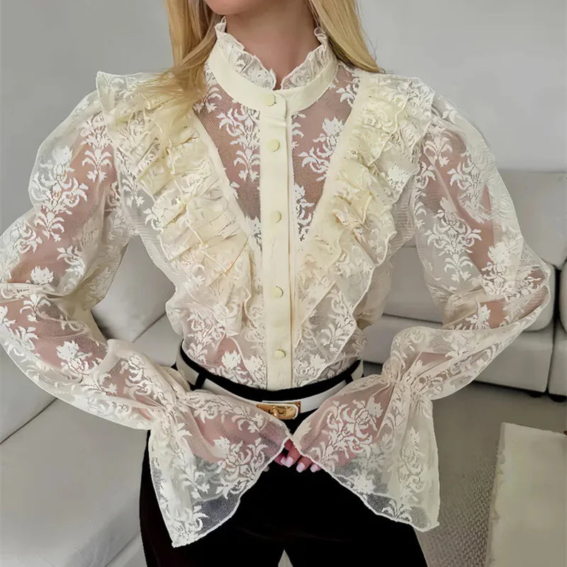 Bedrucktes Rüschenhemd aus Spitze für Damen – Durchsichtiges Patchwork-Langarm-Top