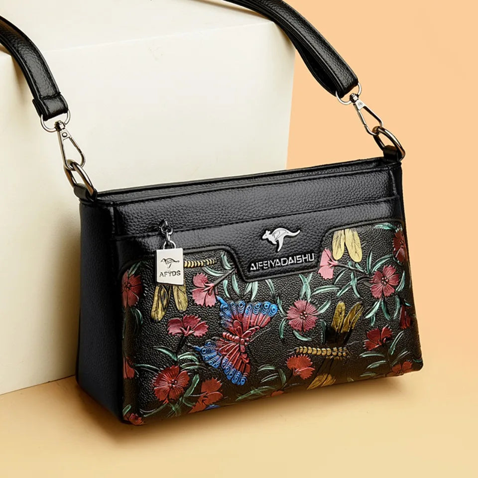 Damen-Umhängetasche mit Blumenmuster | Hochwertige Crossbody-Tasche aus Leder