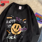 Cute Smiling Face Graffiti T-Shirt - Women's Fun Graphic Cotton Tee