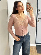 Women’s Elegant Lace Patchwork Cardigan – Chic V-Neck Slim Knit Sweater