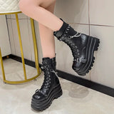 Women’s Gothic Chain Platform Mid-Calf Wedge Motorcycle Boots