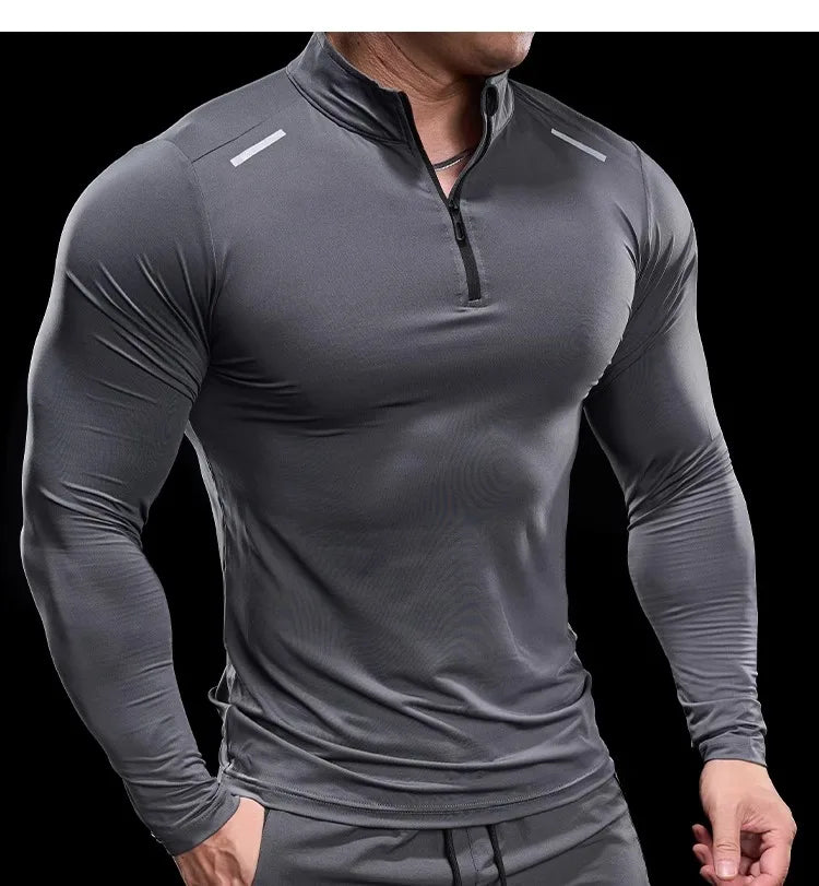 Herren Langarm-Stehkragen-Trainingsshirt mit halbem Reißverschluss