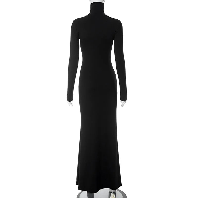 Herbst-Winter-Rollkragen-Maxikleid – Elegantes langes Etuikleid in Schwarz