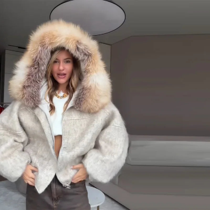 Women's Vintage Plush Hooded Coat – Short Wool Blend Party Jacket