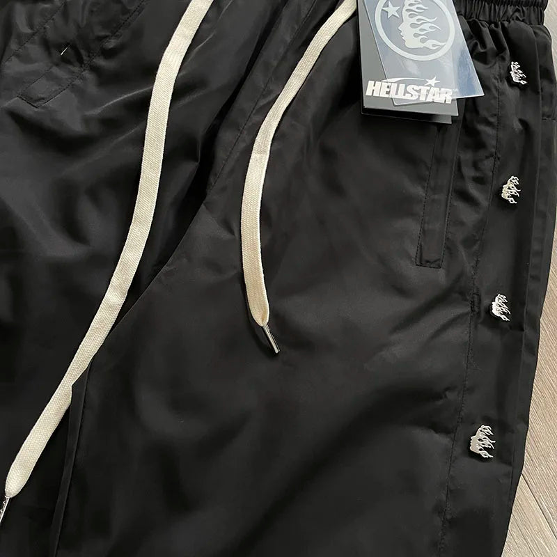 Hellstar HS Edition Waxed Nylon Pants | Men’s Straight Loose Button Trousers