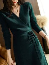 Elegantes Strick-Sweatshirt-Kleid mit V-Ausschnitt, Wickelstil, locker sitzendes langes Kleid für Herbst Winter