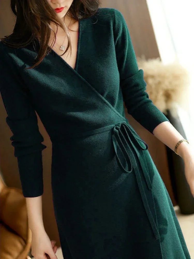 Elegantes Strick-Sweatshirt-Kleid mit V-Ausschnitt, Wickelstil, locker sitzendes langes Kleid für Herbst Winter