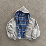 Men’s Reversible Zip-Up Hoodie – Oversized Plaid Lined Streetwear, Solid Color Retro Sweatshirt