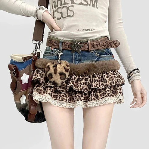 Harajuku Leopard Print Cake Skirt for Women | Y2K Low-Rise Ruffle Mini Skirt with Plush Keychain