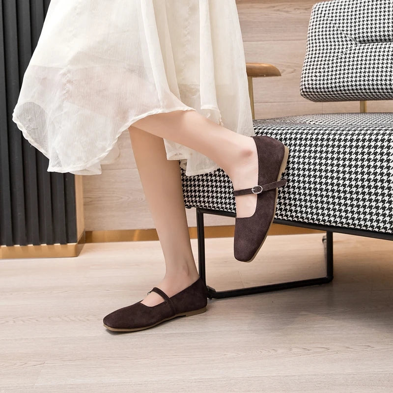 Women’s Genuine Leather Mary Jane Shoes – Square Toe Ballet Flats