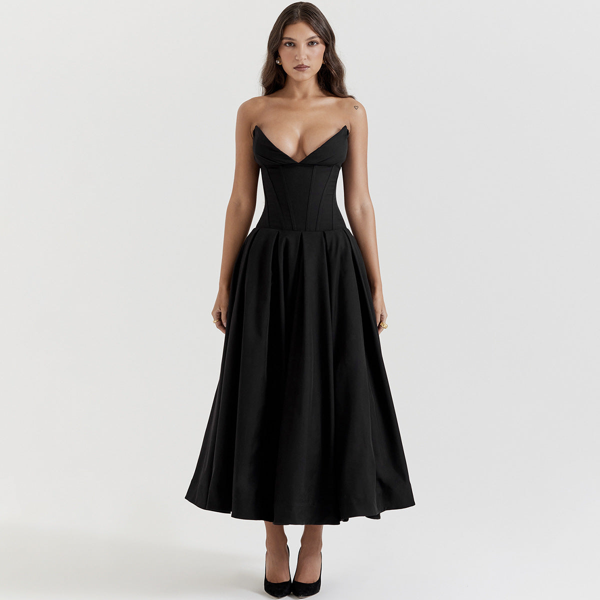 Black Elegant Wedding Event Dress – Sexy Strapless Corset Midi