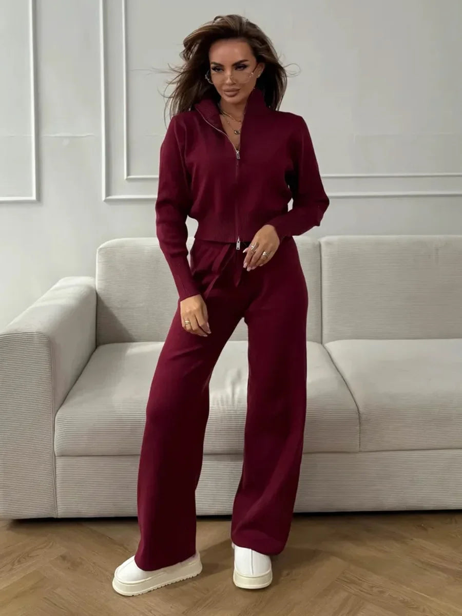 Women’s 2-Piece Ribbed Knit Lounge Set – Trendy Slim Fit Cardigan & Wide Leg Trousers
