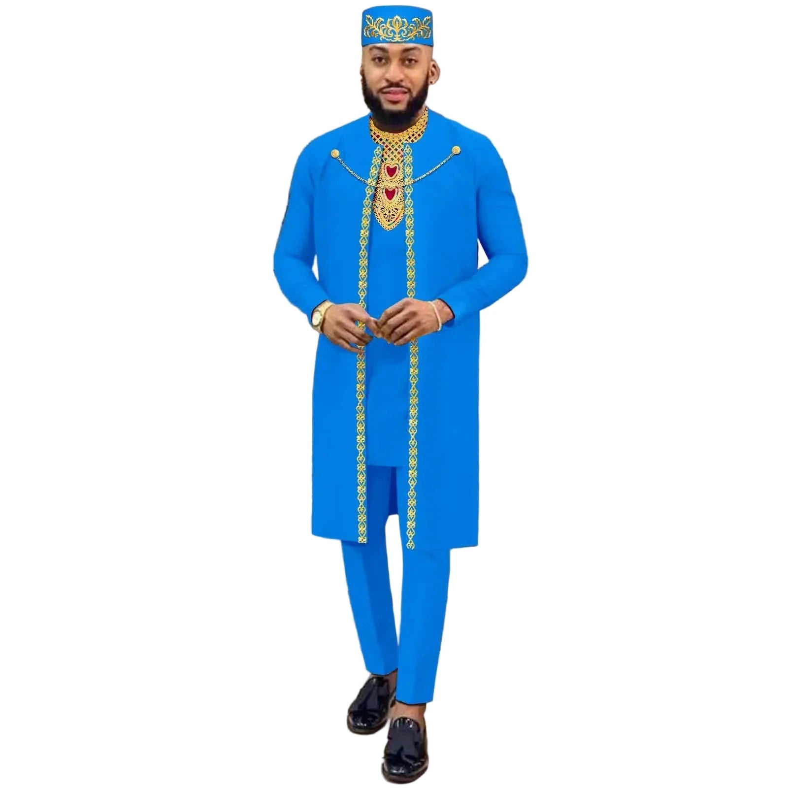 Herren 4-teiliges Agbada-Set – Besticktes Gewand, Hemd, Hose und Mütze, traditioneller Dashiki Hochzeitsanzug