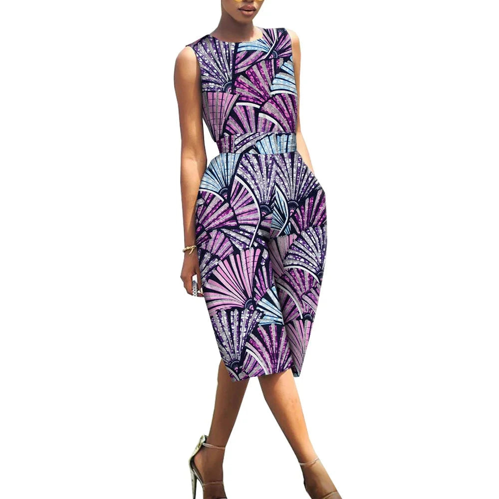 African Print Jumpsuit for Women | Sleeveless Bazin Riche Knee-Length Romper