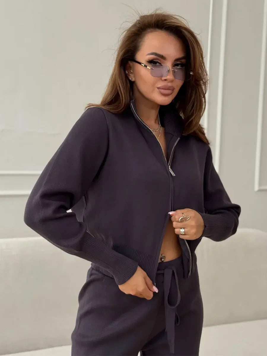 Women’s 2-Piece Ribbed Knit Lounge Set – Trendy Slim Fit Cardigan & Wide Leg Trousers