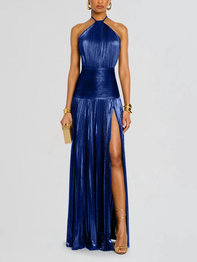 Damen Neckholder Abendkleid | Schickes einfarbiges plissiertes rückenfreies Kleid