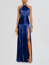 Damen Neckholder Abendkleid | Schickes einfarbiges plissiertes rückenfreies Kleid