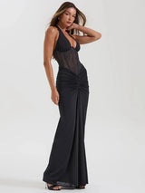 Damen Sexy tiefer V-Ausschnitt Neckholder Maxikleid – Rückenfreies durchsichtiges Abendkleid