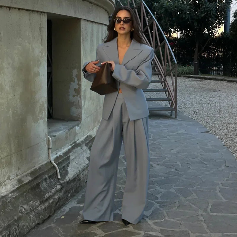 V-Neck Blazer & Wide-Leg Pants Set | Women’s Single-Breasted Pocket Jacket & Trousers