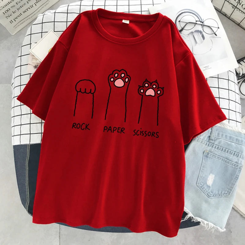 Schere-Stein-Papier Lustiges Katze Grafik-T-Shirt Weiches Casual Streetwear T-Shirt für Damen