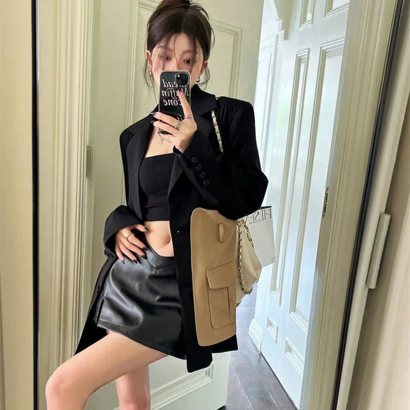 Koreanischer Blazer für Damen im lockeren Stil – einreihige Jacke mit aufgesetzten Taschen und abnehmbarem Gürtel