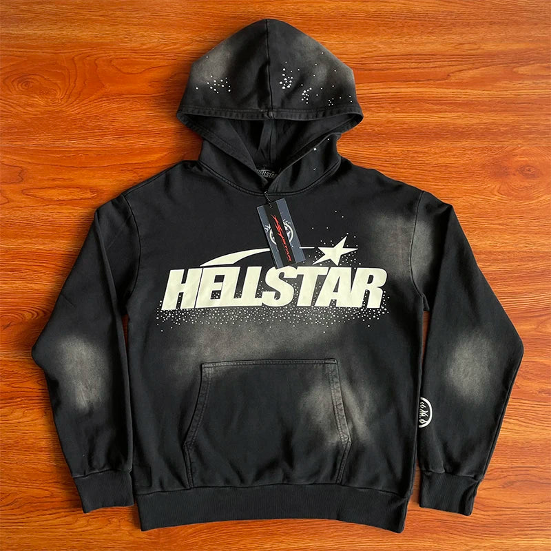 Hellstar HS Wash Water Heavy Diamond Hoodie – Unisex Black Distressed Streetwear