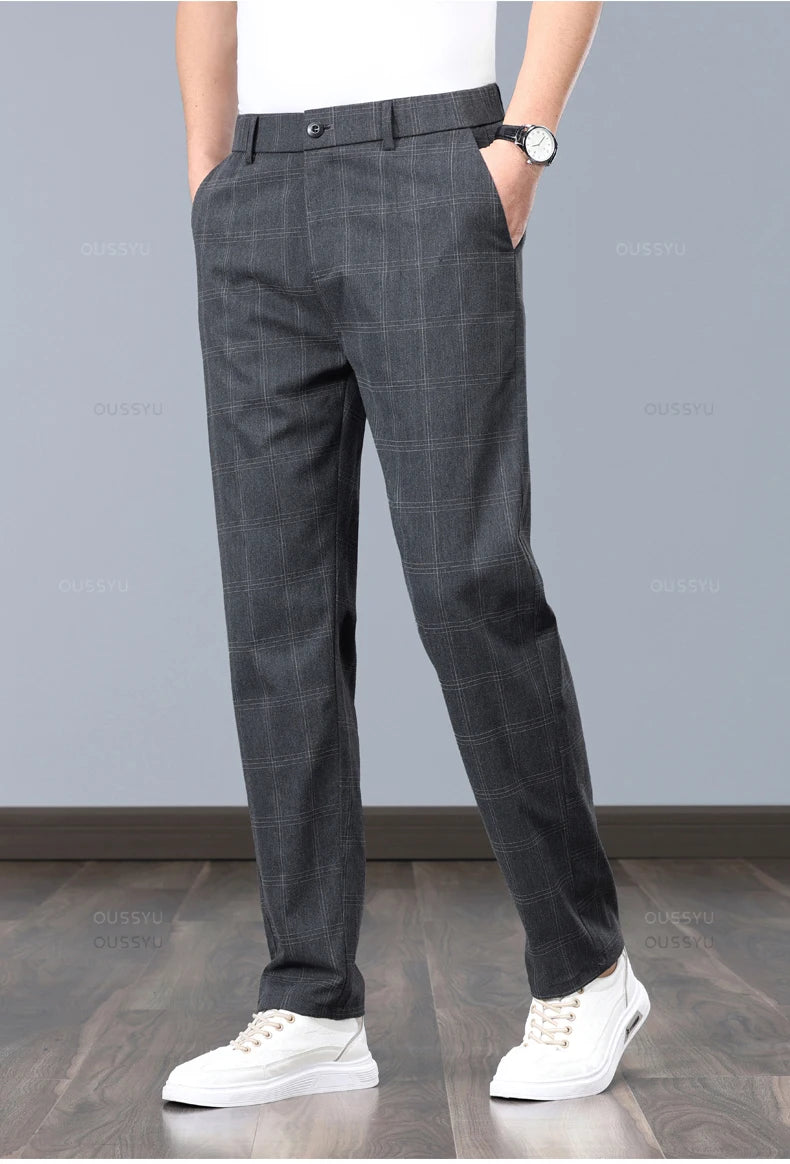 Klassische Herren-Arbeitshose mit Karomuster – Slim Fit Stretch-Businesshose