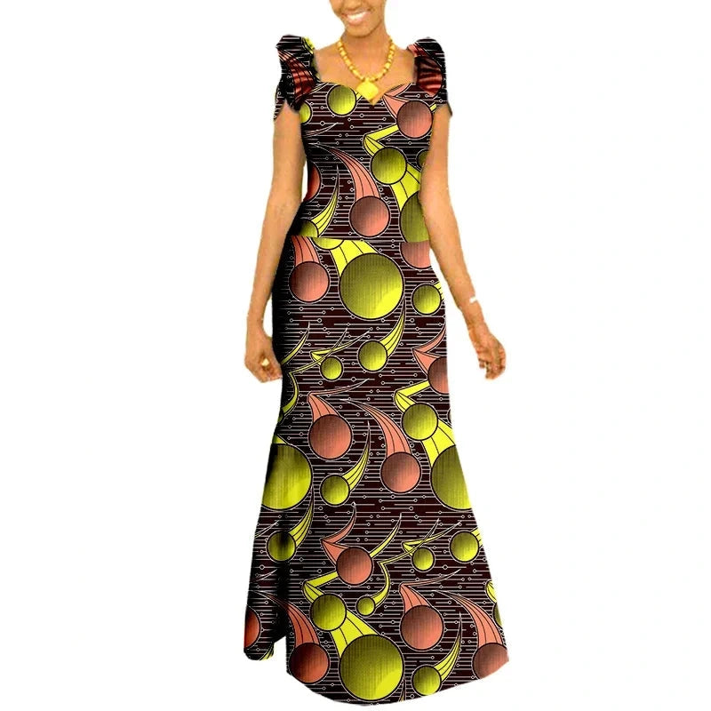 Afrikanisches langes Maxikleid für Damen |Kurzarm-Kleid aus Ankara-Stoff