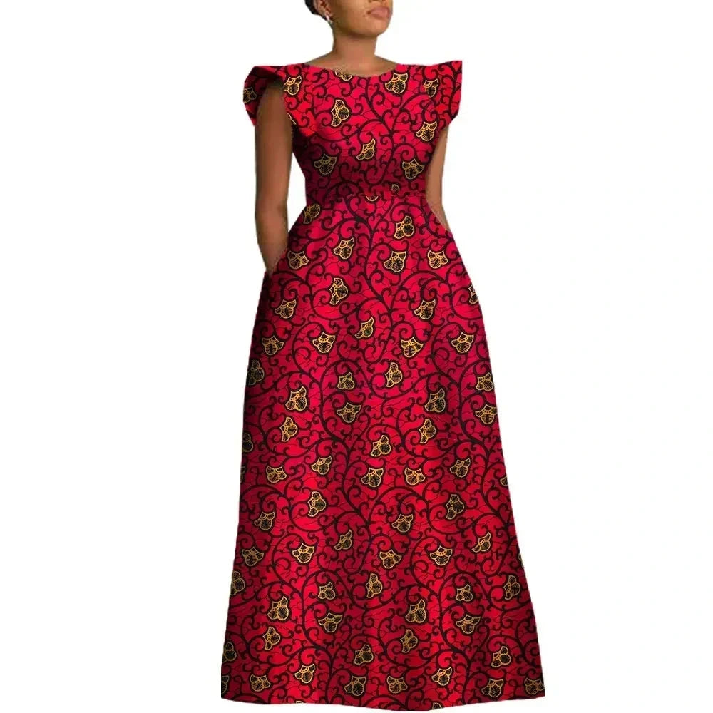 The "Heritage Queen" Floor-Length Gown: Bold Ankara Wax Cotton Dress with Short Sleeves